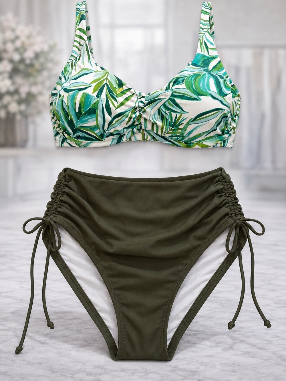 Shade & Shore Olive Green Ruched Side Tie Bikini Bottoms Women’s Size Small